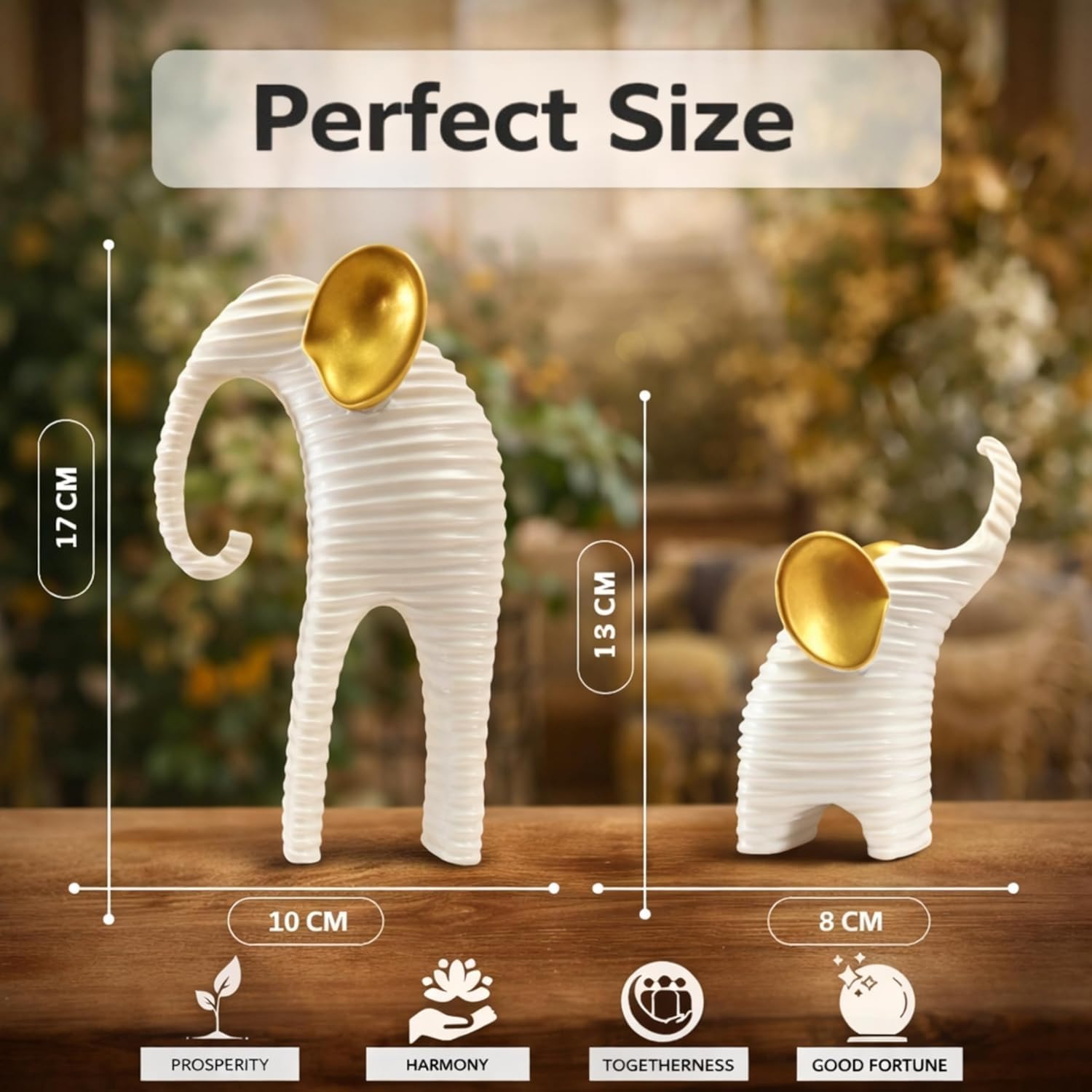 mind circus resin elephant showpiece set (mother & baby) – white & gold modern decorative figurines for living room, office, shelf decor AB-JWU8-HUH0